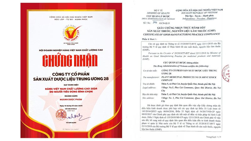 Những chứng nhận thực tế nhà máy Dược liệu TW28 đã đạt được